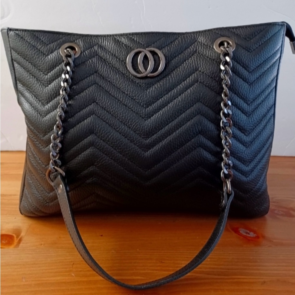 Unica! Firenze Chevron Black Leather Shoulder Tote Bag